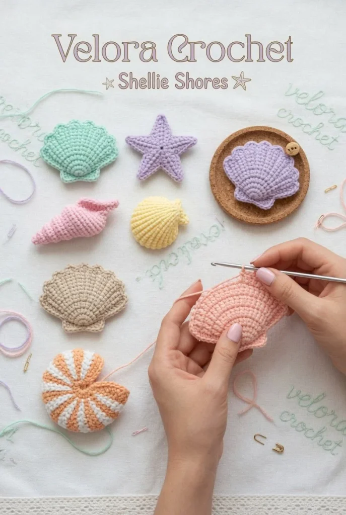 Mini crochet seashells and starfish pattern set for DIY sea-themed crafts.