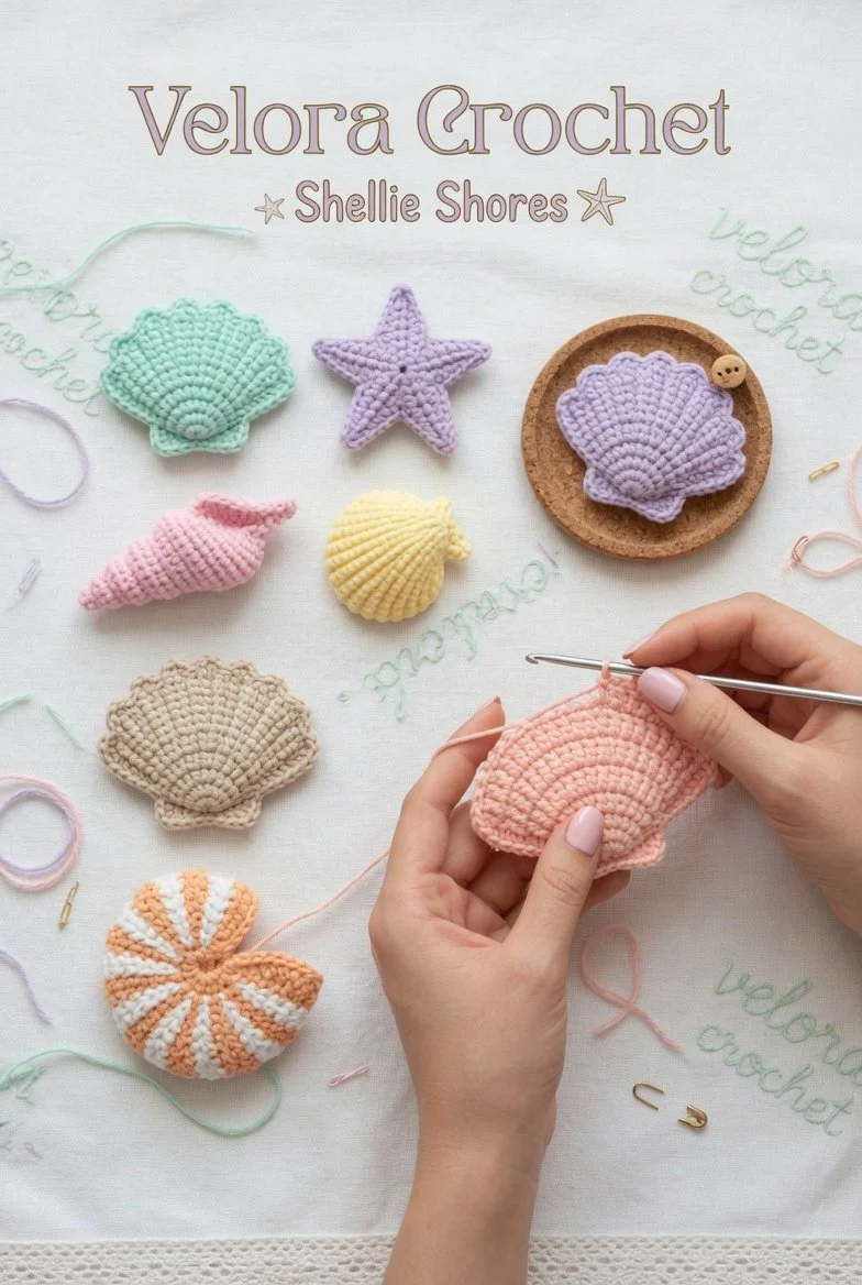 Mini crochet seashells and starfish pattern set for DIY sea-themed crafts.