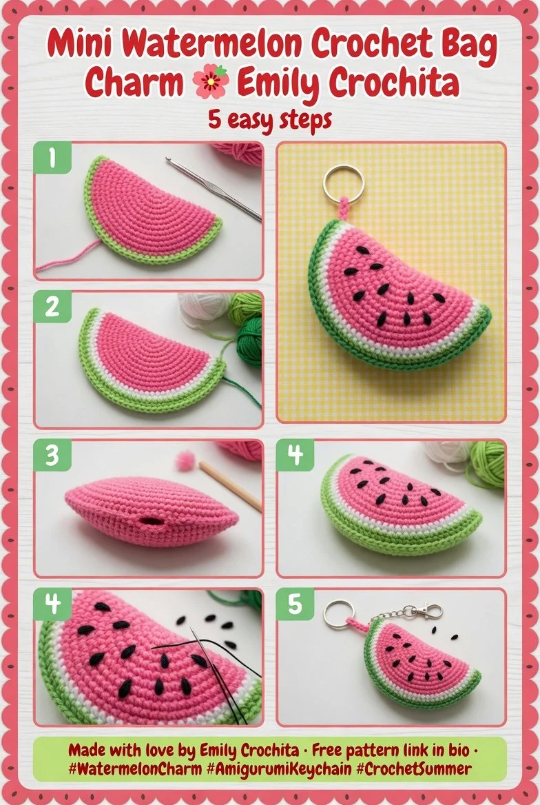Mini watermelon crochet bag charm pattern for summer keychains