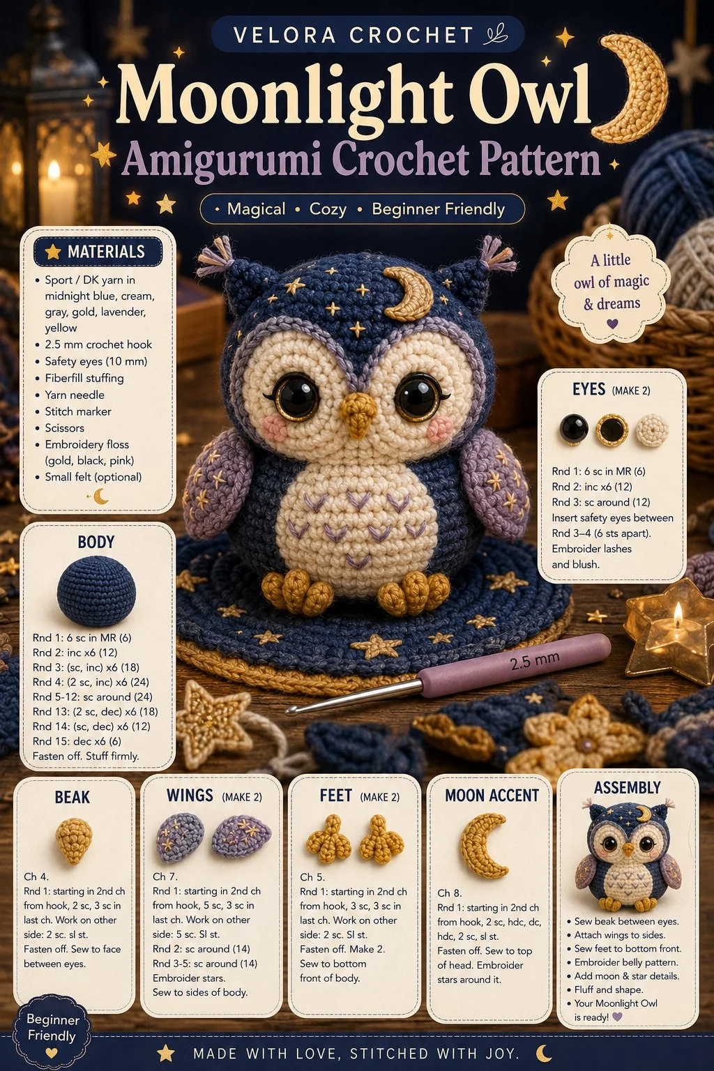 Moonlight Owl Amigurumi Crochet Pattern for a DIY plush toy