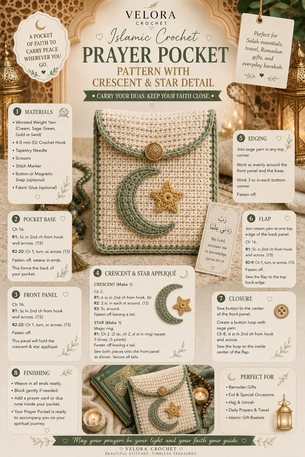 Muslim crochet prayer pocket pattern with cross detail for spiritual practices.