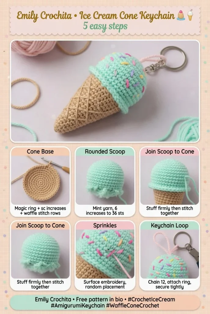 Pastel crochet keychain in the shape of an ice cream cone, perfect summer accessory.