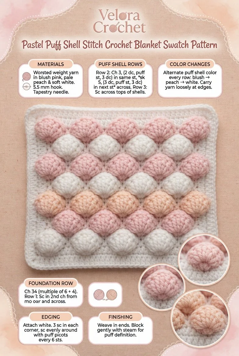Pastel puff shell stitch crochet blanket swatch pattern sample