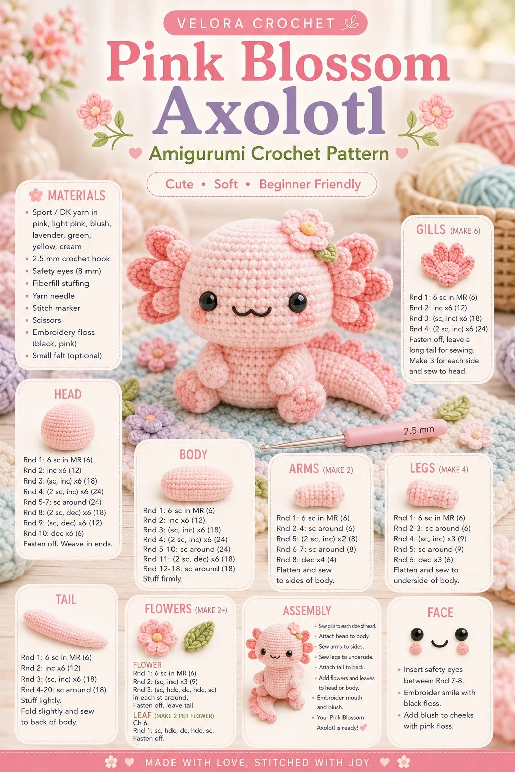 Pink Blossom Axolotl Amigurumi crochet pattern for creative crafters