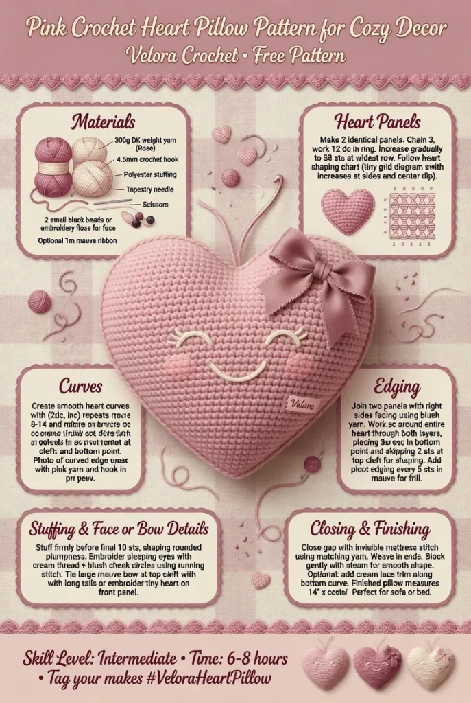 Pink crochet heart pillow for cozy home decor.