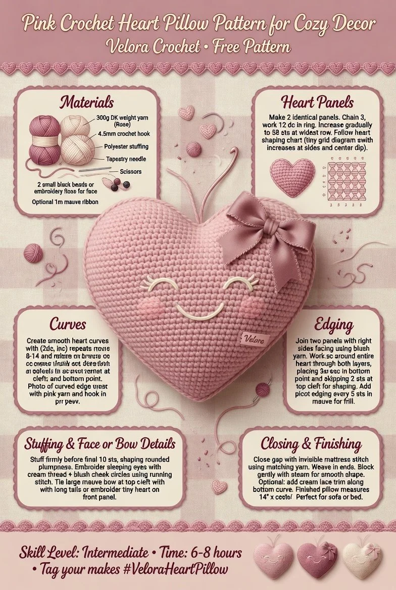 Pink crochet heart pillow for cozy home decor.