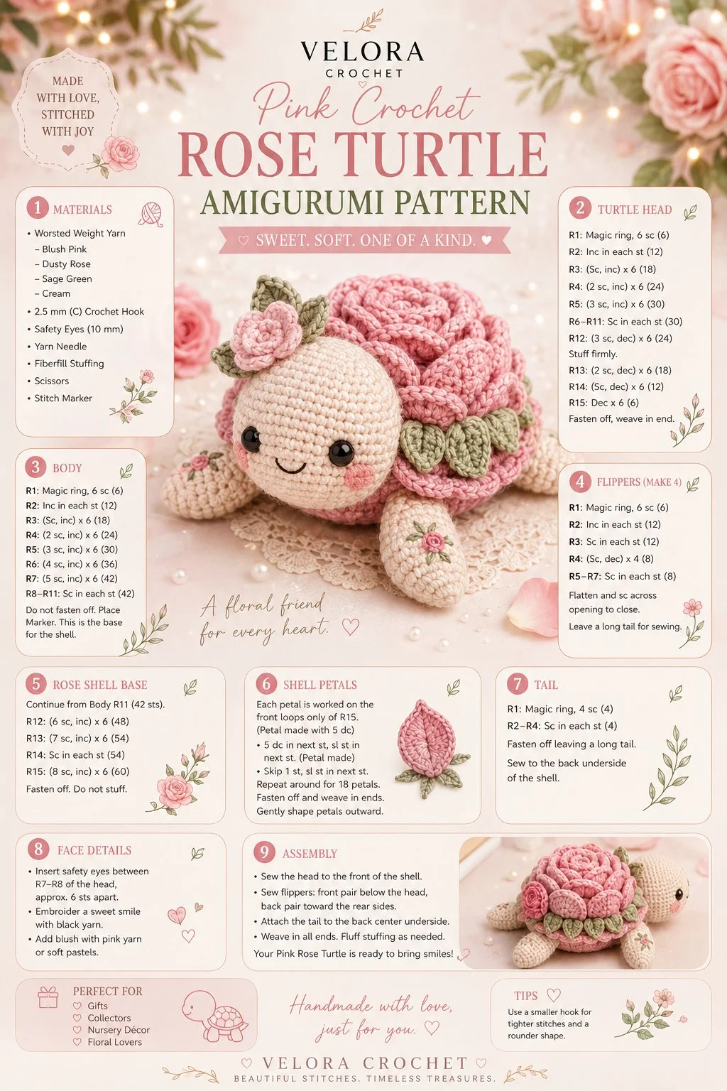 Pink crochet rose turtle amigurumi pattern for crafting enthusiasts
