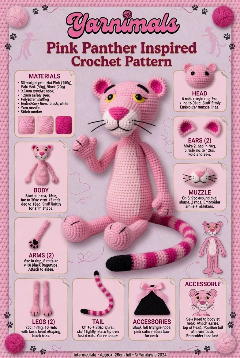 Crochet pattern for a Pink Panther inspired cute amigurumi plush toy.