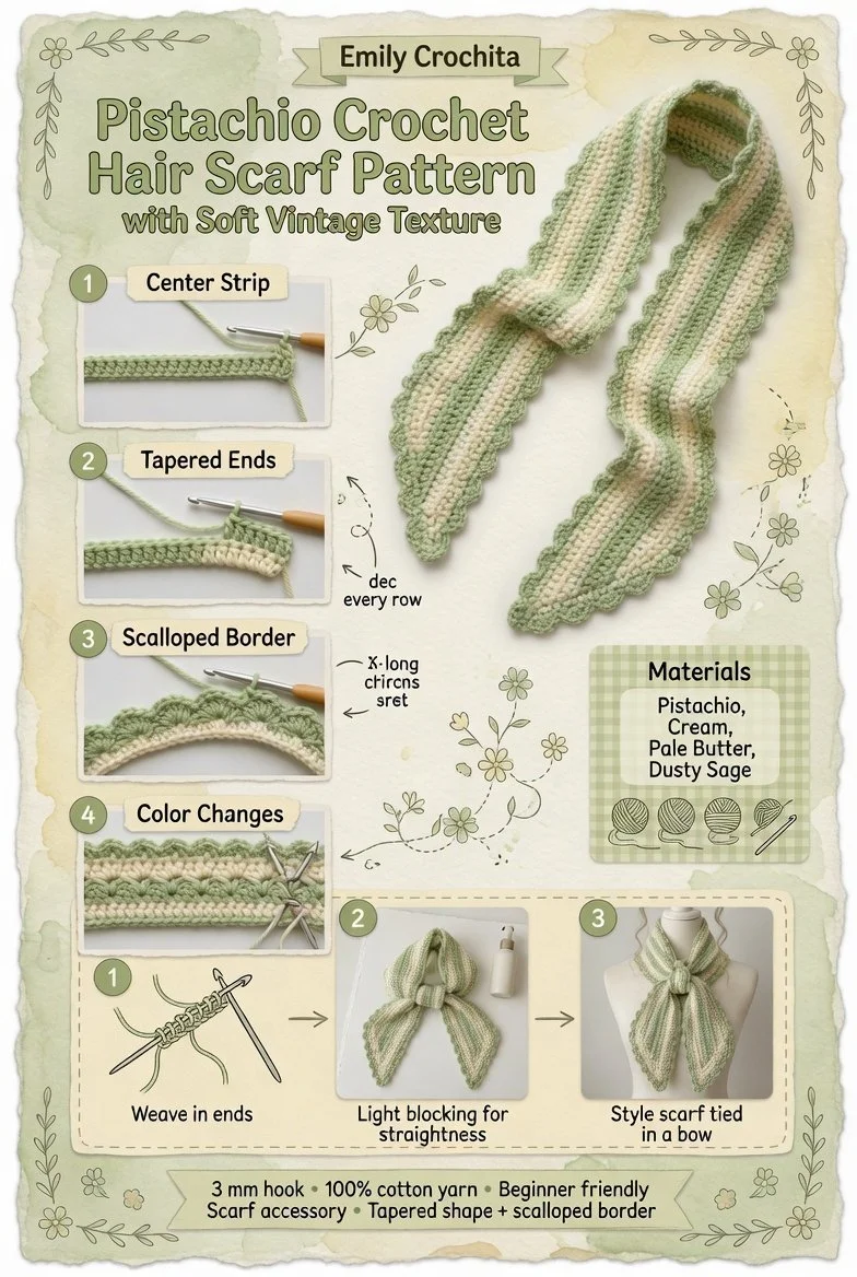 Pistachio crochet hair scarf showcasing a soft vintage texture pattern.