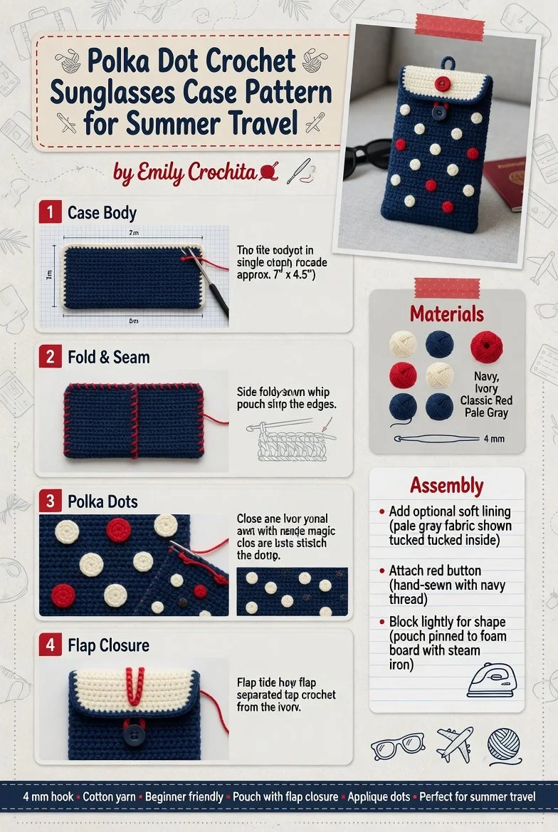 Polka dot crochet sunglasses case pattern for summer travel