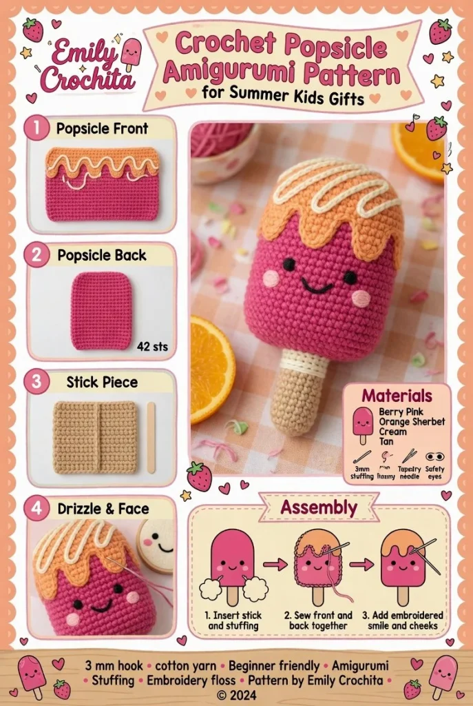 Cute Popsicle Amigurumi Crochet pattern for summer kids gifts.
