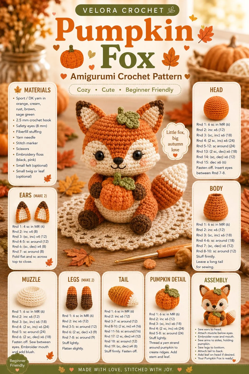 Pumpkin Fox Amigurumi crochet pattern for beginners - cute plush design