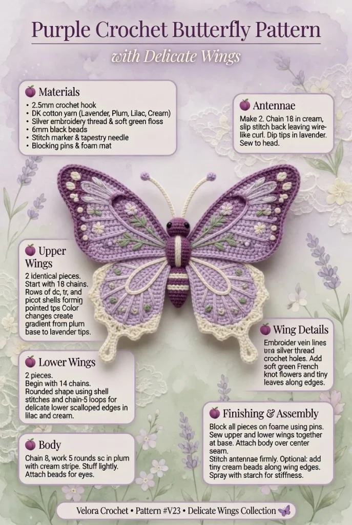 Purple crochet butterfly pattern showcasing delicate wings and intricate design.