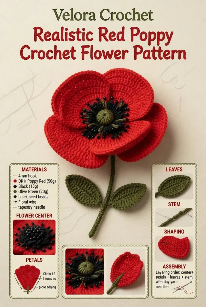 Realistic red poppy crochet flower pattern tutorial for beginners