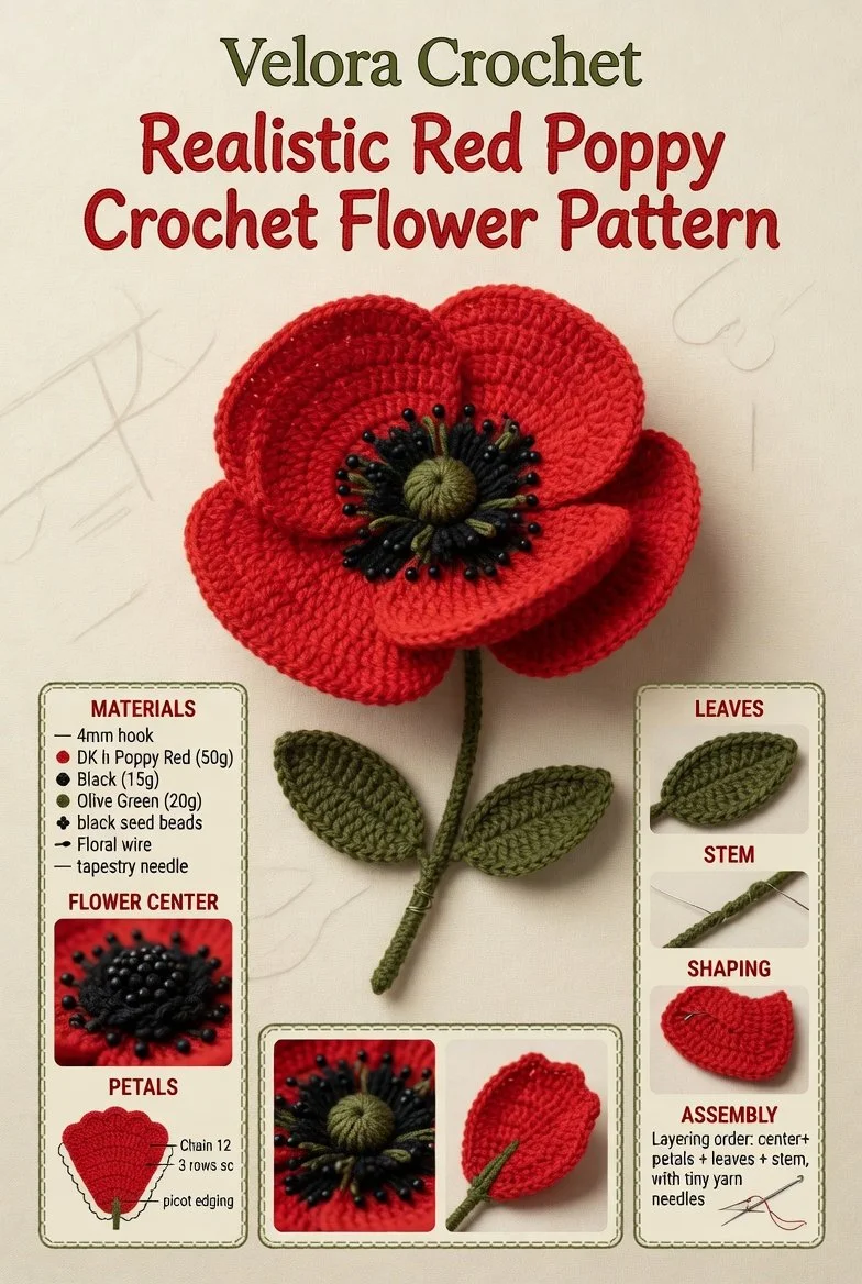 Realistic red poppy crochet flower pattern tutorial for beginners