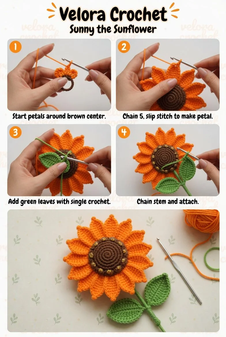 Realistic sunflower amigurumi crochet pattern with a detailed bobble center