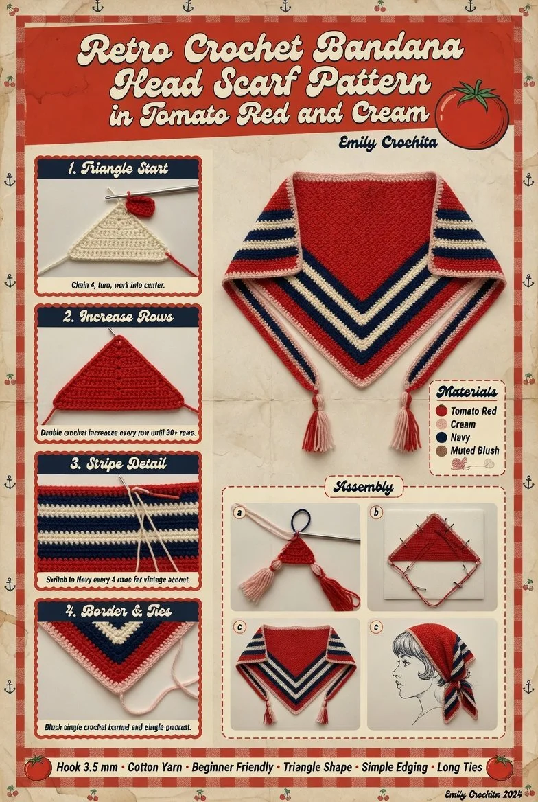 Retro crochet bandana head scarf pattern in tomato red and cream colors