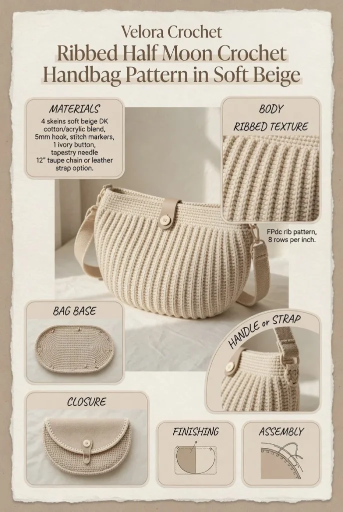 Ribbed half moon crochet handbag pattern in soft beige color