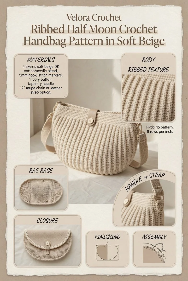 Ribbed half moon crochet handbag pattern in soft beige color