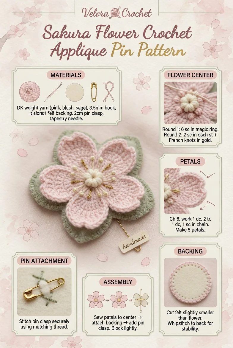 Sakura Flower crochet applique pin pattern easy tutorial for beginners