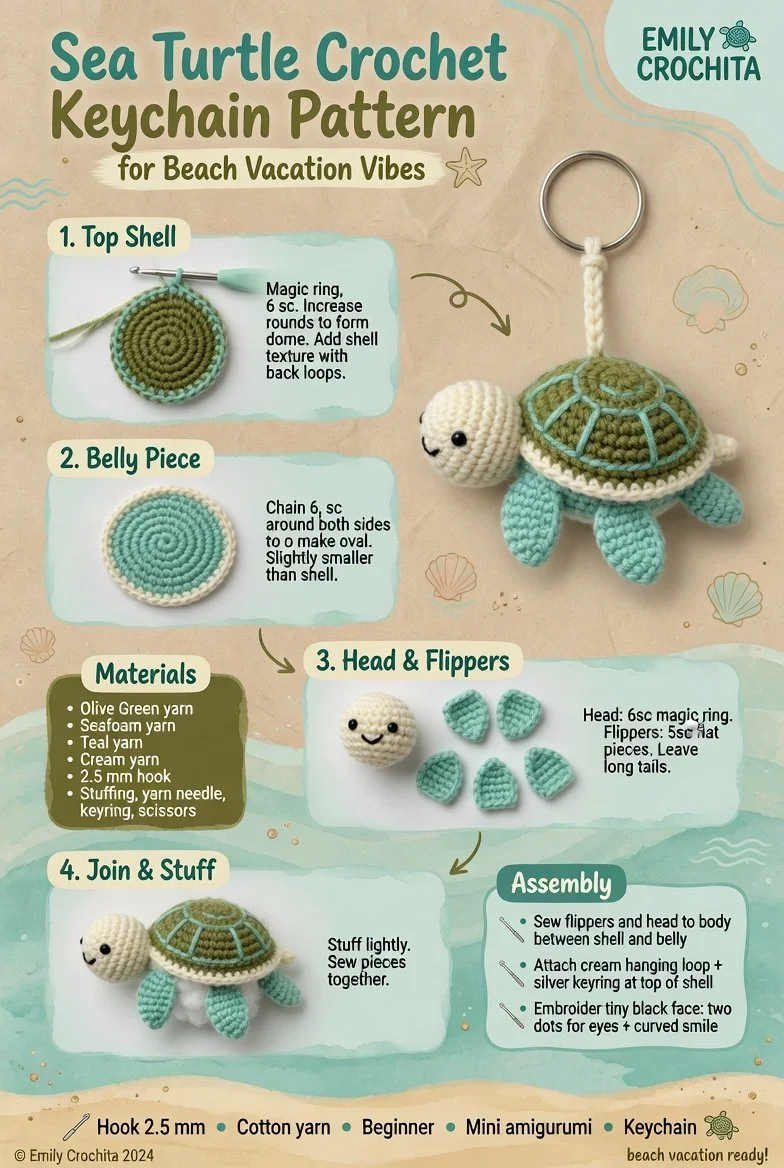 Sea turtle crochet keychain pattern for summer beach vibes
