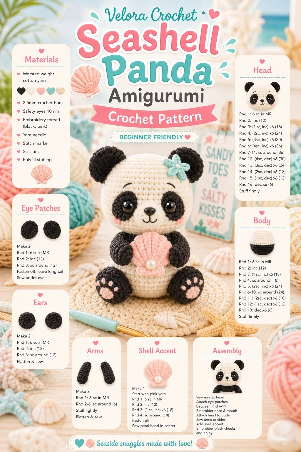Seashell panda amigurumi crochet pattern for beginners
