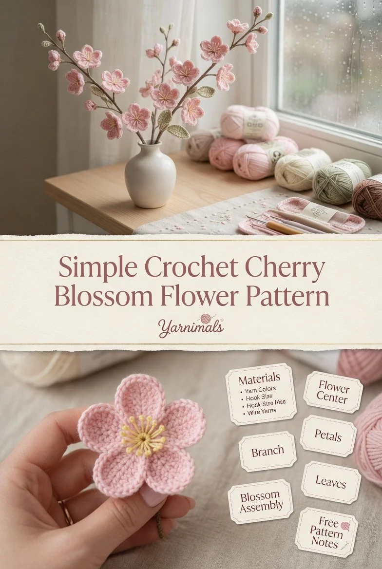 Simple crochet cherry blossom flower pattern for beginners