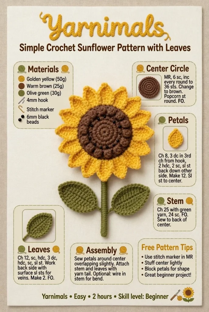 Easy crochet sunflower pattern with leaves tutorial for beginners