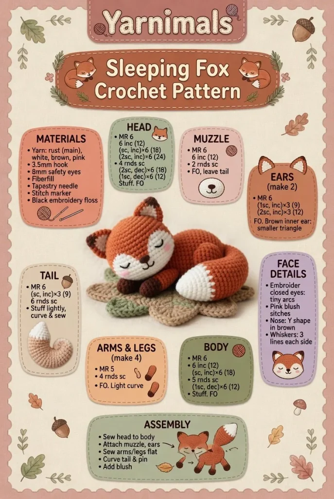 Sleeping Fox crochet pattern for a cozy amigurumi woodland animal