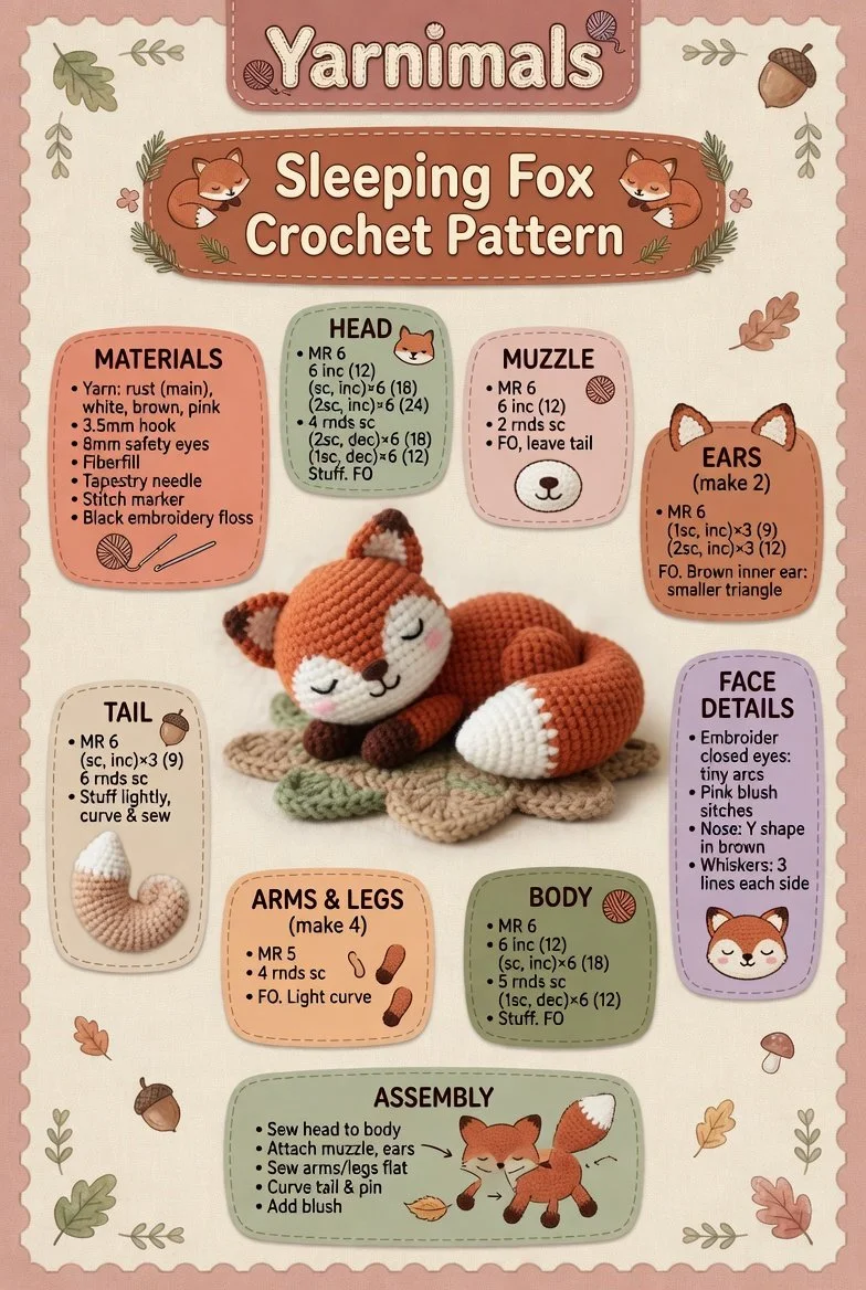 Sleeping Fox crochet pattern for a cozy amigurumi woodland animal