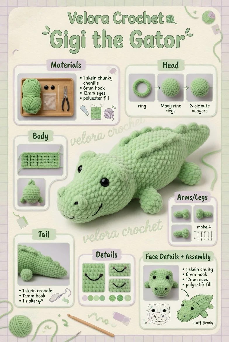Soft green alligator plush amigurumi crochet pattern for crafting