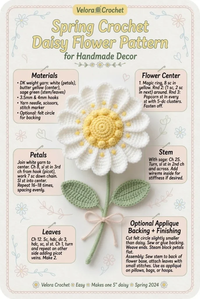 Spring crochet daisy flower pattern for handmade decor and crafts