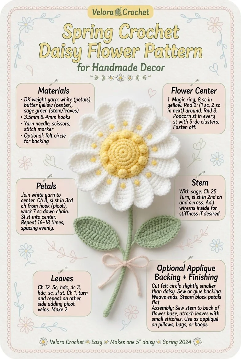 Spring crochet daisy flower pattern for handmade decor and crafts