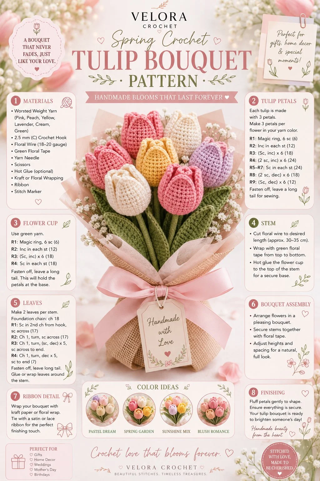 Spring crochet tulip bouquet created using an easy tutorial for beginners