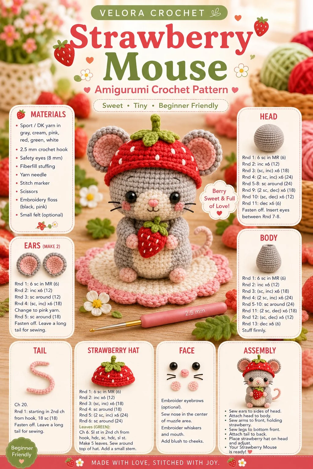 Amigurumi crochet pattern for a cute strawberry mouse toy