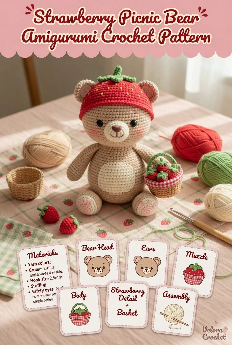Crochet pattern for Strawberry Picnic Bear amigurumi toy