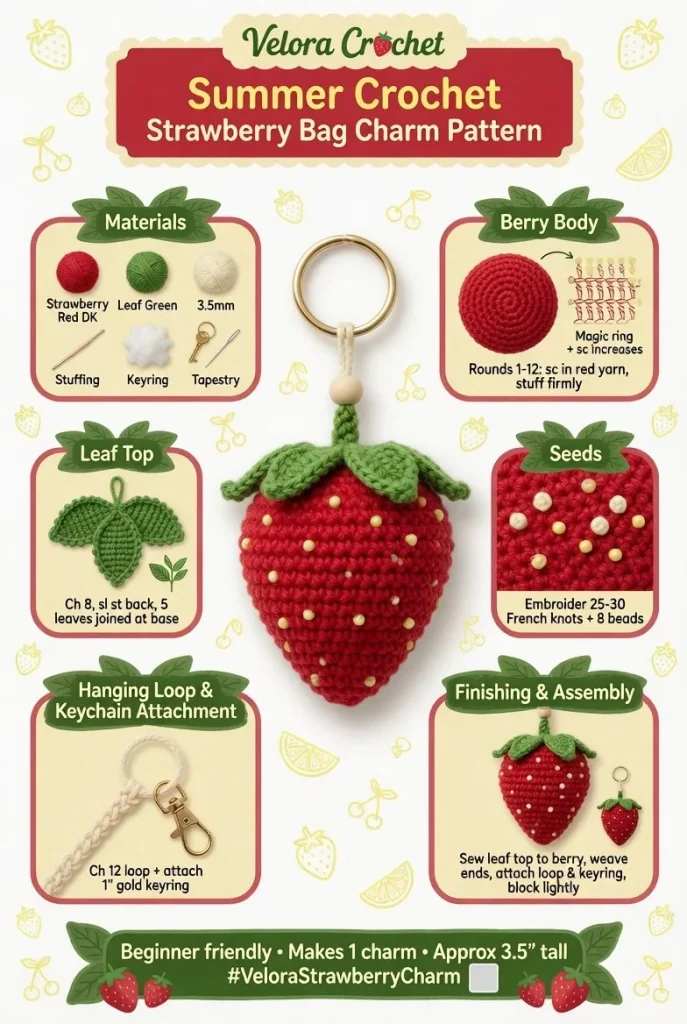 Crochet strawberry bag charm pattern showcasing vibrant summer colors
