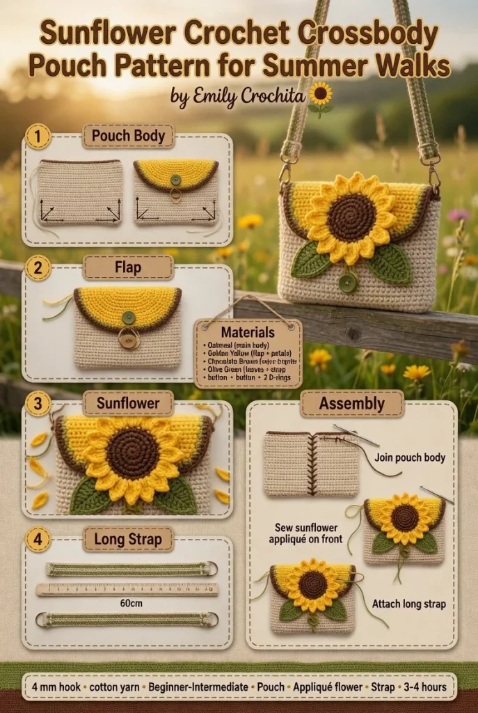 Beginner-friendly sunflower crochet crossbody pouch for summer walks