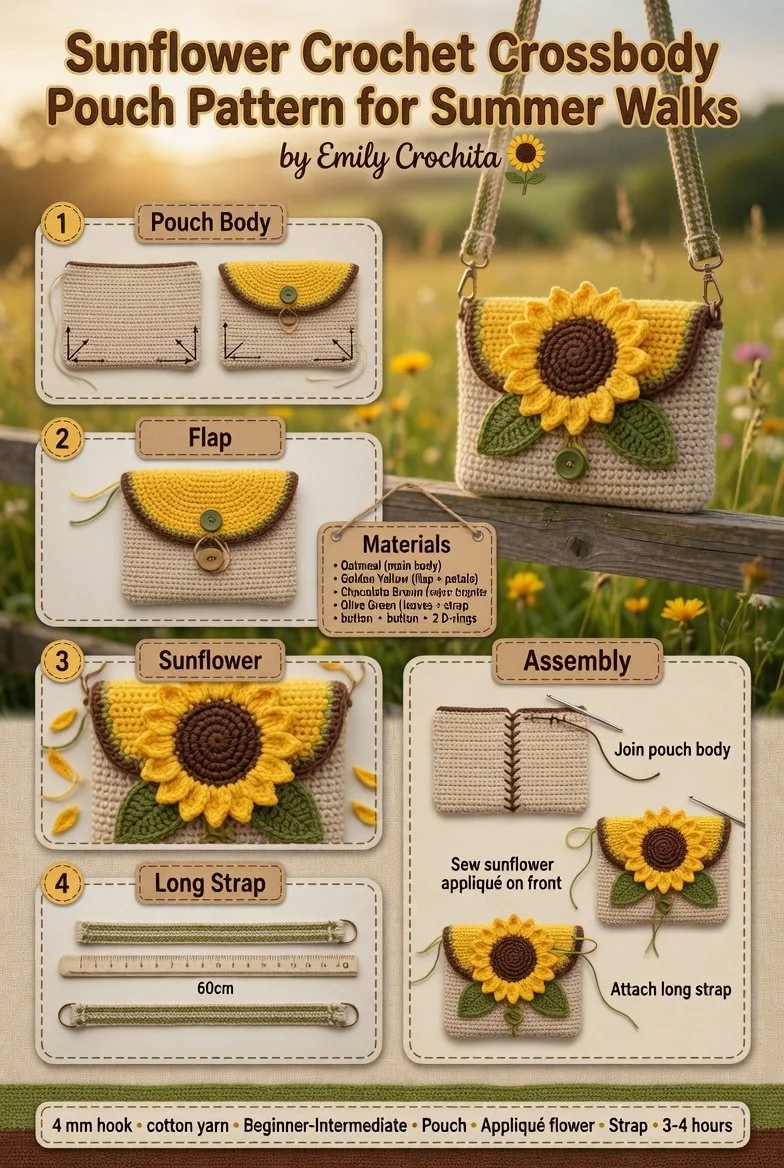 Beginner-friendly sunflower crochet crossbody pouch for summer walks