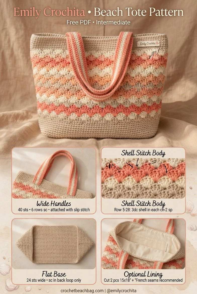 Sunset Shell crochet tote bag pattern for summer beach days