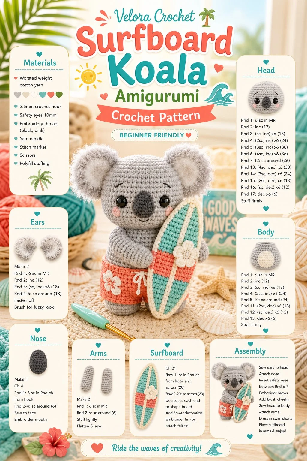 Surfboard Koala Amigurumi crochet pattern for crafting enthusiasts