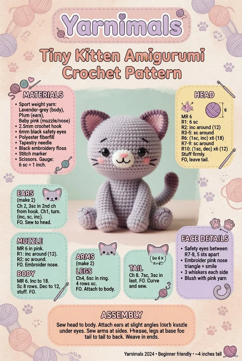 Tiny kitten amigurumi crochet pattern tutorial for creating a cute cat plush.