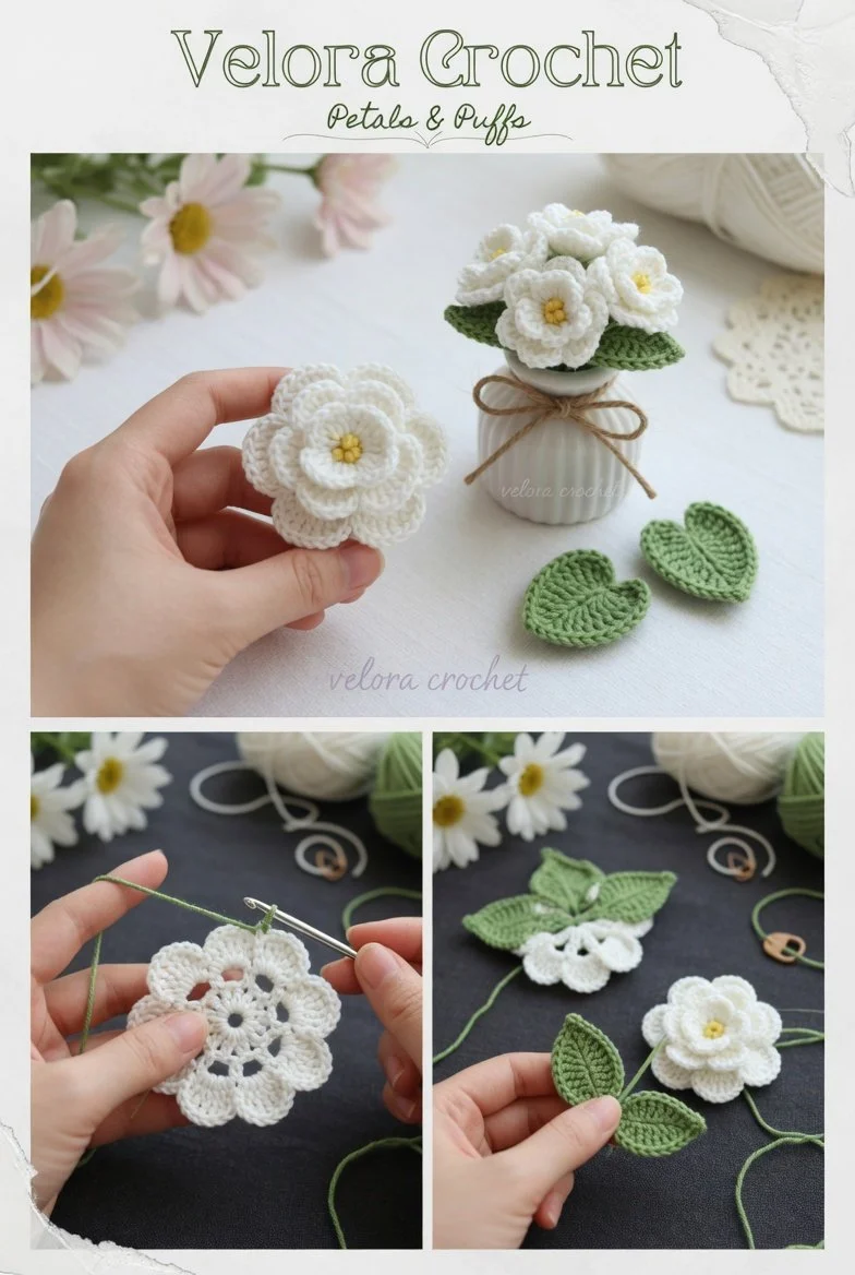 Tiny white crochet flower motif pattern with green leaves