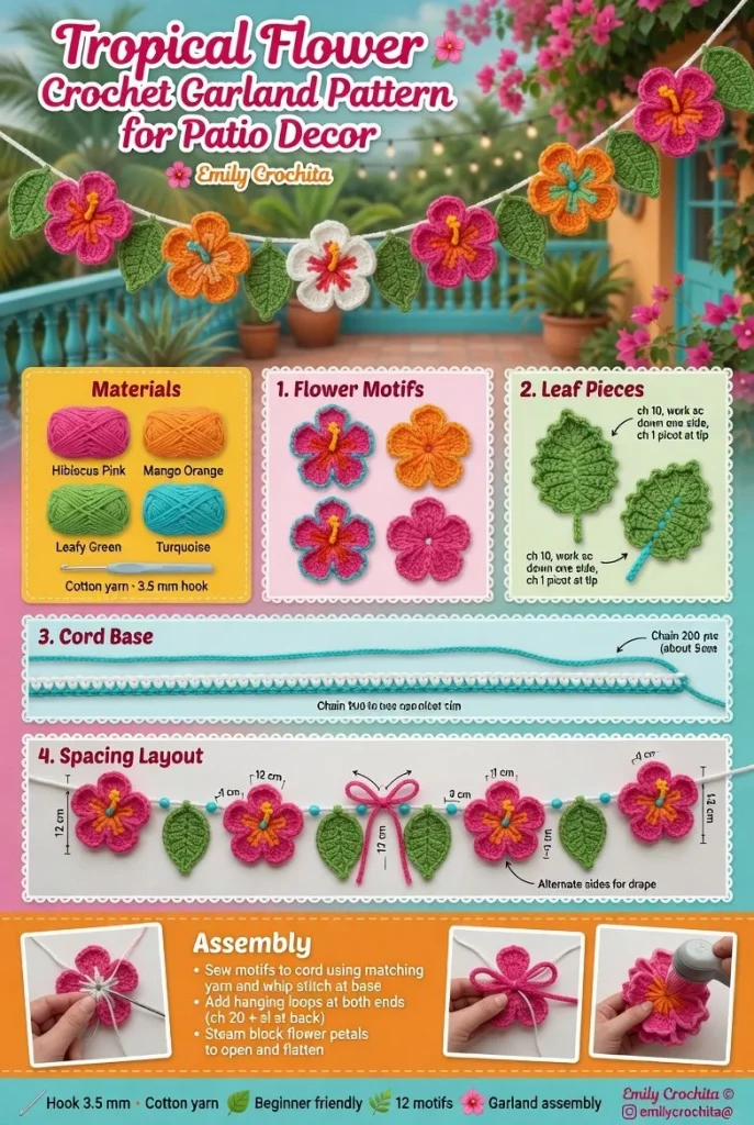 Tropical flower crochet garland pattern for home and patio decor.