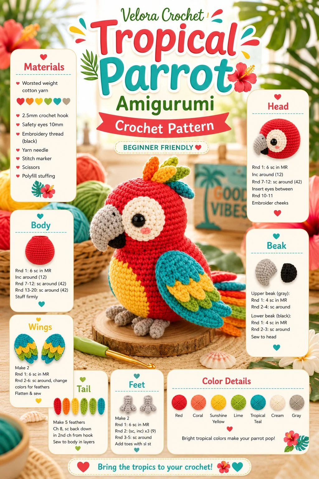 Colorful tropical parrot amigurumi crochet pattern, ideal for crafting enthusiasts.