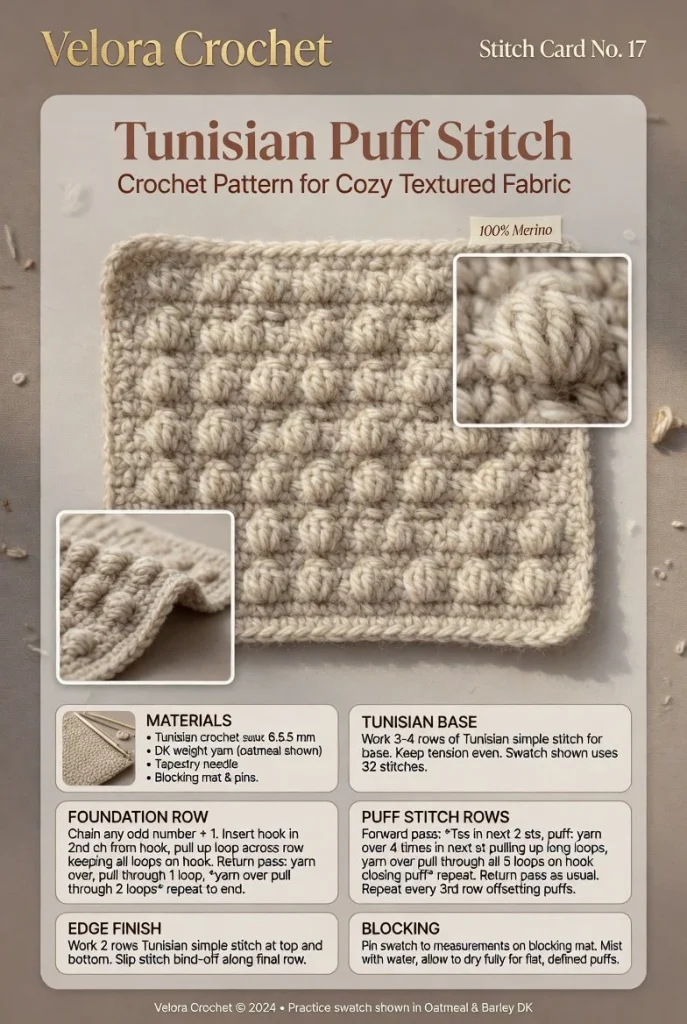 Tunisian puff stitch crochet pattern showcasing a cozy textured fabric.