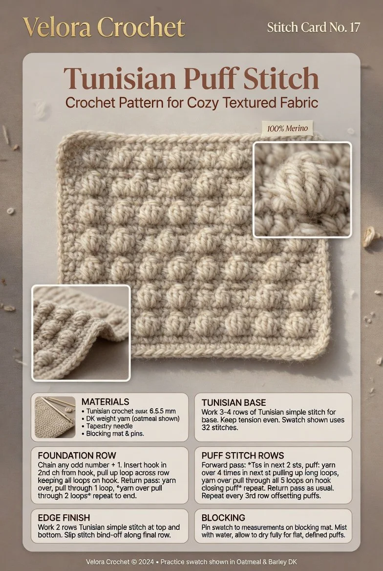 Tunisian puff stitch crochet pattern showcasing a cozy textured fabric.