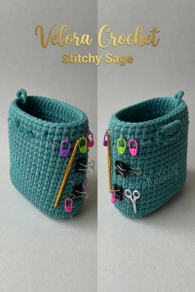 Turquoise crochet yarn storage pouch pattern with tool pocket for organization