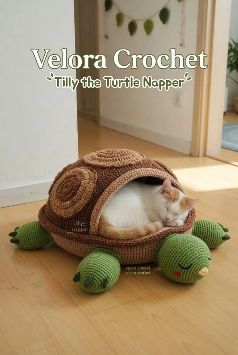 Crochet turtle cat bed pattern featuring textured bobble shell design