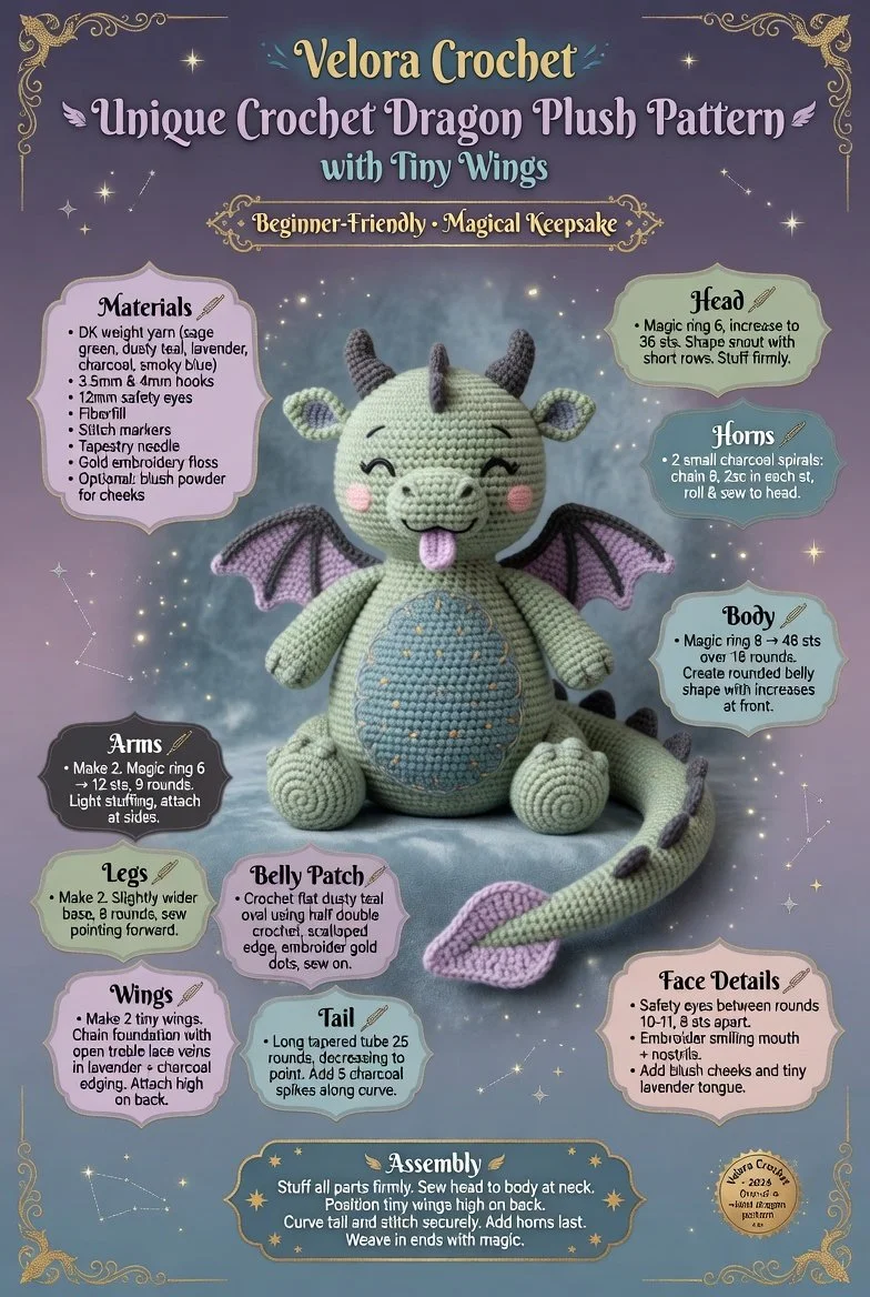 Adorable crochet dragon plush pattern with tiny wings.